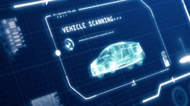 HUD fahrenden Fahrzeug Auto Spezifikation Scannen Benutzeroberfläche Computerbildschirm mit Pixeln Hintergrund. Blaues abstraktes Hologramm holographisches Technologiekonzept. Science-Fiction. 4K-Filmmaterial