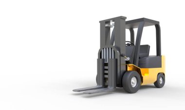 Sarı forklift ve beyaz arka planda boş çatal park yeri. Ulaşım ve Endüstri konsepti. Sevkiyat ve teslimat deposu. Uzayı kopyala 3B illüstrasyon oluşturma