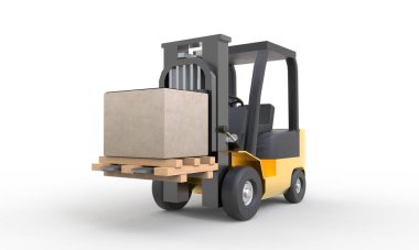 Sarı forklift beyaz arka planda hareket ediyor ve karton kutu paletini kaldırıyor. Ulaşım ve Endüstri konsepti. Sevkiyat ve teslimat deposu. 3B illüstrasyon oluşturma