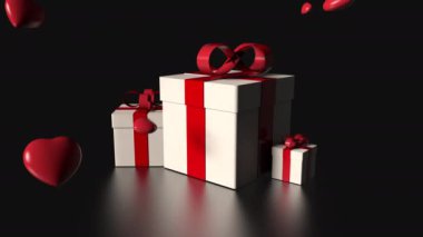 Sevgililer Günü konsepti için siyah arka planda hediye kutusu ve düşen kırmızı kalp. 4K hareketli görüntü videosu