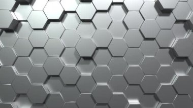 Gümüş altıgen bal peteği rastgele arka planda aşağı yukarı hareket ediyor. Gri soyut sanat ve geometrik kavram. Tam HD görüntü hareketli grafik tasarım video illüstrasyonu. Kusursuz döngü