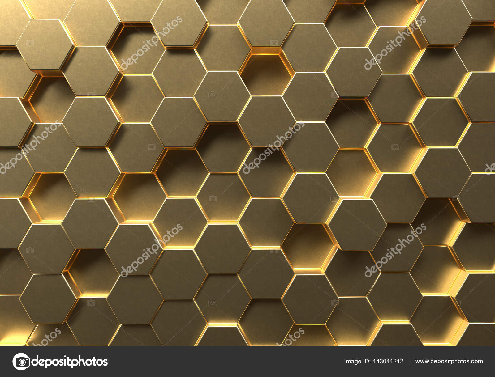 黄金の六角形のハニカム運動の背景 金抽象芸術と幾何学的な概念 3dイラストレンダリンググラフィックデザイン ストック写真 C Shutter2u 443041212