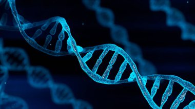 Mavi kromozom DNA 'sı ve yavaş yavaş ışıldayan ışık maddesi kimyasalı kamera yakınına geldiğinde. Tıbbi ve kalıtsal genetik sağlık konsepti. Teknoloji bilimi. 3B illüstrasyon oluşturma