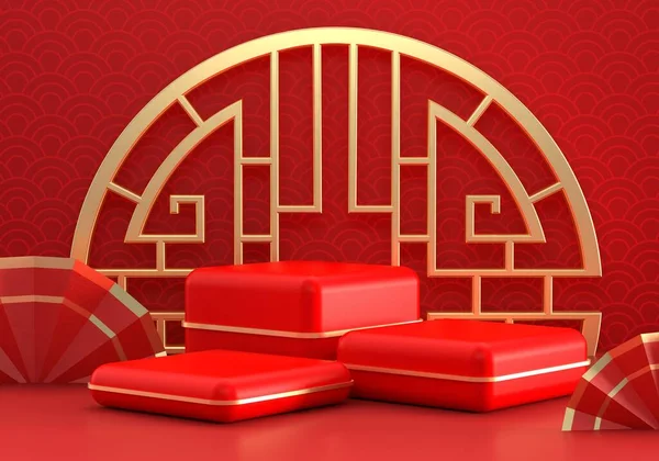 Ano Novo Chinês Estilo Moderno Vermelho Três Cubo Pódio Produto — Fotografia de Stock