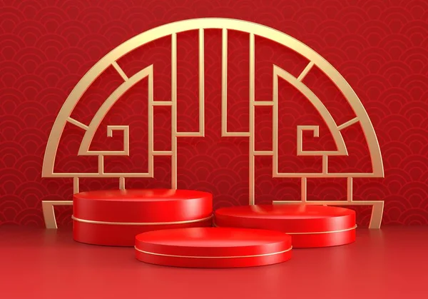 Anul Nou Chinezesc Stil Roșu Modern Trei Vitrine Produse Podium — Fotografie, imagine de stoc