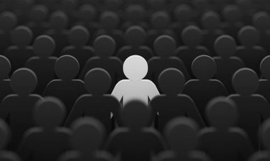 Kalabalığın arasında beyaz renkli bir figür. Siyahların arka planı. Sosyal yaşam tarzı, iş rekabeti ve garip insan konsepti. İnsan karakteri sembolü teması. 3B illüstrasyon oluşturma.