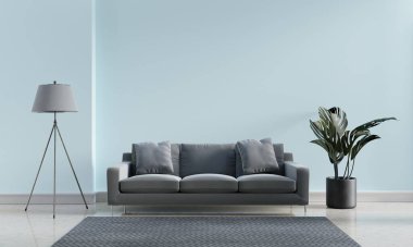 Mavi pastel ve gri tonlu ev dekorasyonu arka planının lüks modern iç mimarisi. Üç ayaklı elektrikli lamba ve mermer zeminde ve paspasın üzerinde canavar saksısı. 3B illüstrasyon yorumlama grafiği
