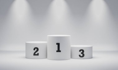 Beyaz yuvarlak silindirli birinci sınıf podyum sahne ışıkları altındadır. Soyut asgari geometri kavramı. Stüdyo platformu. Sergi ve sunum aşaması. 3B illüstrasyon yorumlayıcı grafiği