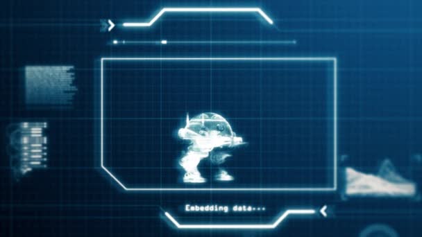 Hud机器人扫描系统能力用户界面电脑屏幕显示与像素背景 蓝色抽象全息图全息图技术概念 科幻小说 4K运动图形画面图形设计 — 图库视频影像