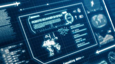HUD Robot Tarama Sistemi yetenek kullanıcı arayüzü bilgisayar ekranı görüntüsü ve piksel arkaplan. Mavi soyut hologram teknolojisi kavramı. Bilim kurgu. 3B resimleme grafiksel tasarımı
