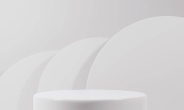 Beyaz arka planda beyaz ürün duruyor. Soyut asgari geometri kavramı. Stüdyo podyum teması. Sergi ve iş tanıtım aşaması. 3B resimleme grafiksel tasarımı