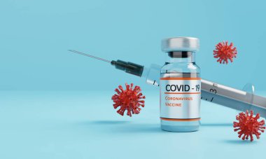 Coronavirus aşı şişesinde mavi arka planda şırınga ve virüs var. Sağlık ve tıbbi konsept. 3B resimleme grafiksel tasarımı