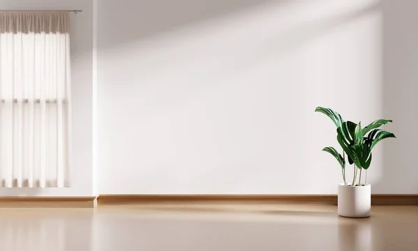 木製の床やブラインド上の窓やモンスター植物ポットと白のインテリア空の部屋の背景 インテリアと建築のコンセプト エコ装飾スタイル 3Dイラストレンダリンググラフィックデザイン — ストック写真