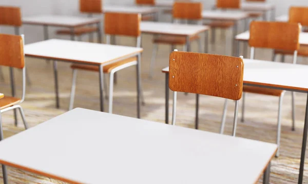 Closeup Cadeira Estudante Assento Mesa Fundo Sala Aula Com Chão — Fotografia de Stock