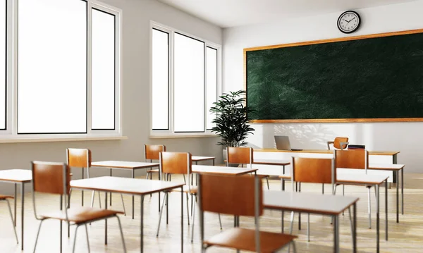 Lege Witte Schoolachtergrond Met Groene Schoolbordtafel Zitje Houten Vloer Onderwijs — Stockfoto