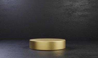 Siyah çimento arka planda altın renkli bir silindir ürün sahne podyumu. Soyut, minimal moda teması. Geometri sergisi sahne modeli konsepti. 3B resimleme grafiksel tasarımı