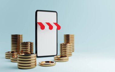 Beyaz siyah arkaplanlı akıllı telefon ve mavi arka planda altın para yığını. İş ve çevrimiçi zıplama konsepti. 3B illüstrasyon oluşturma