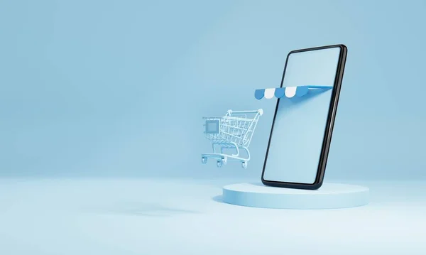 青のステージの背景にショッピングカートと空白の空の画面を持つスマートフォン オンラインショッピング配信ビジネス電子商取引ストアやソーシャルメディアアプリケーションの概念 3Dイラストレンダリング — ストック写真