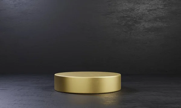 Golden Cylinder Produkt Scen Podium Bord Svart Cement Bakgrund Abstrakt — Stockfoto