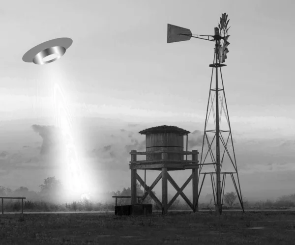 Illustratie Van Een Ufo Vaartuig Boven Een Oude Boerderij Met — Stockfoto