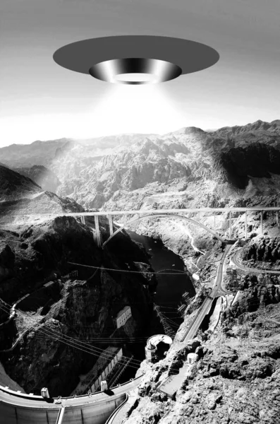 Zwart Wit Illustratie Van Een Ufo Uap Boven Hoover Dam — Stockfoto