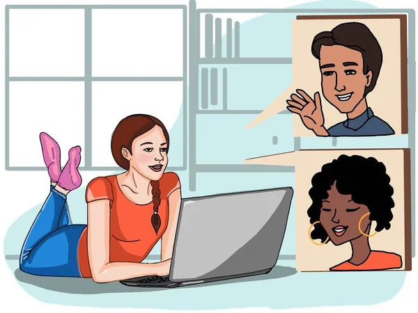 Kobieta Rozmawia Przyjaciółmi Online Laptopie Domu Dni Gwarancji — Zdjęcie stockowe