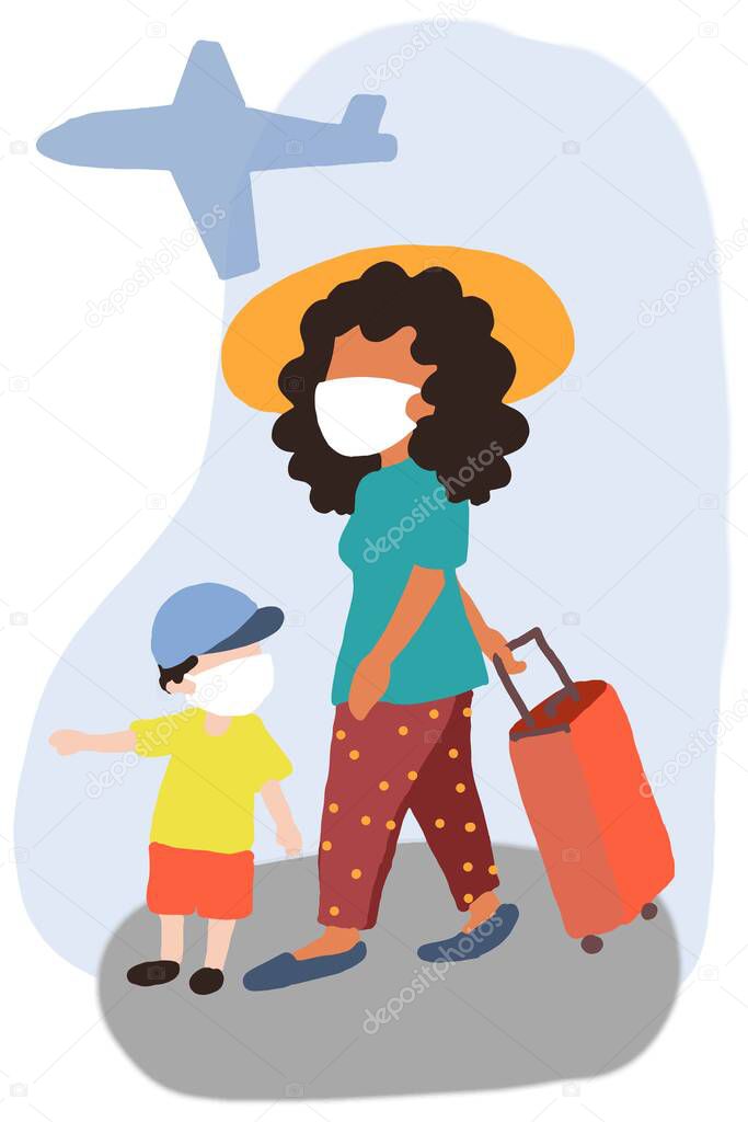 the woman with her son taking face mask  traveling by plane illustration