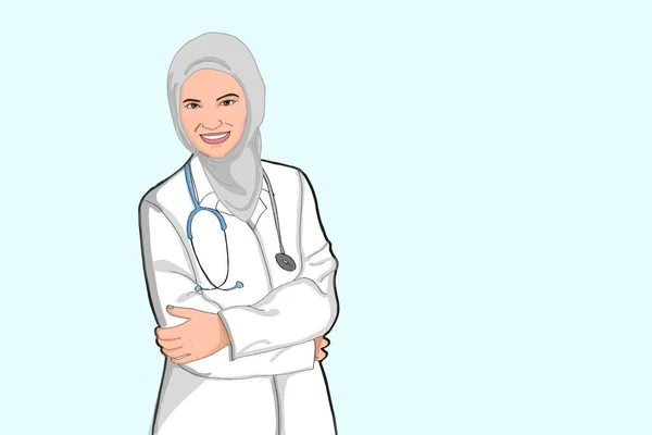Kreskówka Muzułmanka Pielęgniarka Lekarz Zdrowy Pracownik Nauka Stojący Pół Ciała — Zdjęcie stockowe