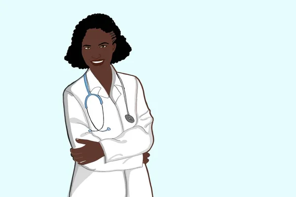 黒人女性看護師医師健康な労働者科学者立身半体の制服とテキストエリアを着て漫画を描く — ストック写真