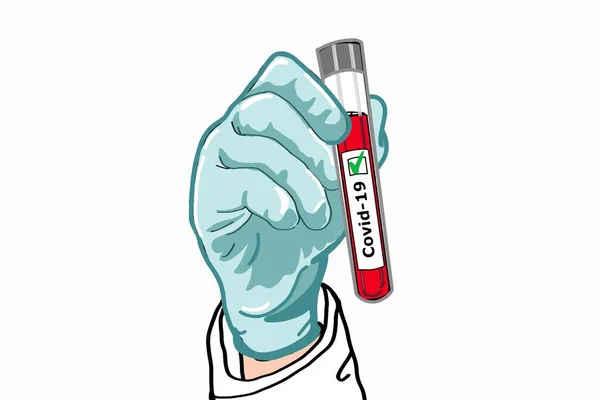 科学者 健康な労働者の手は医療用手袋を与え 実験室のチューブを保持Covid 19陽性テストイラスト — ストック写真