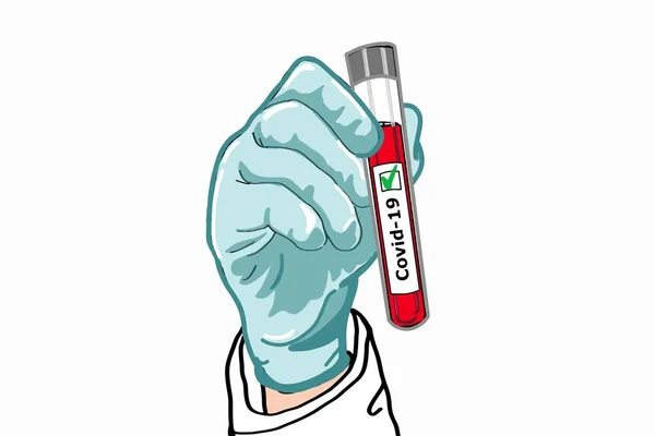 Bilim, doktor, sağlıklı işçi eli tıbbi eldiven veriyor ve laboratuvar tüpü tutuyor..