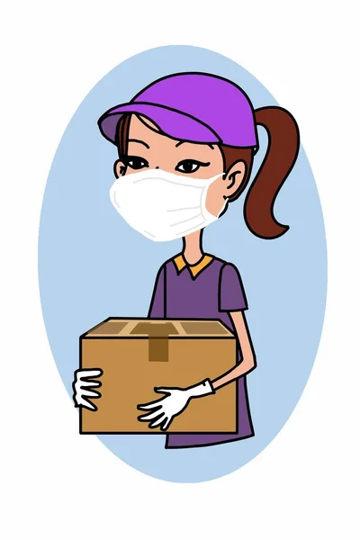 ハーフボディの女性労働者の貨物とサービスのためのボックスを運ぶ 健康的なイラストの描画のためのフェイスマスクを取って — ストック写真