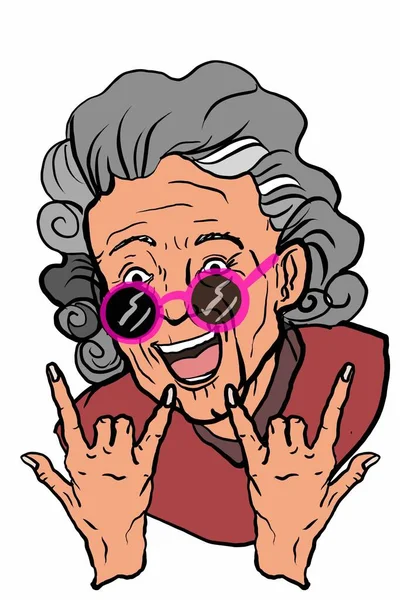 Sonriente Abuela Anciana Personajes Retrato Ilustración Hacer Punk Símbolo Usando — Foto de Stock