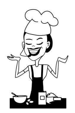 cartoon characters woman chef cooking at the kitchen on tv  or online programme black white colors