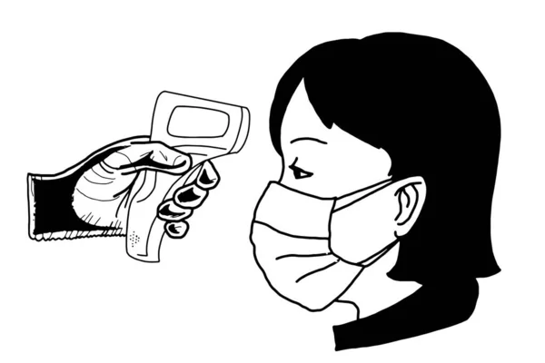 レーザー温度計による温度測定と顔マスク人頭黒白の色 — ストック写真