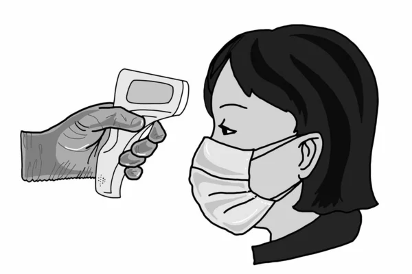 Pomiar Temperatury Przez Termometr Laserowy Noszenie Maski Twarzy Osoba Głowa — Zdjęcie stockowe