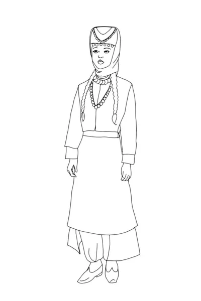 Traditional Woman Standing Wearing Turkish Culture Clothes Illustration Single Line — Stock Photo, Image