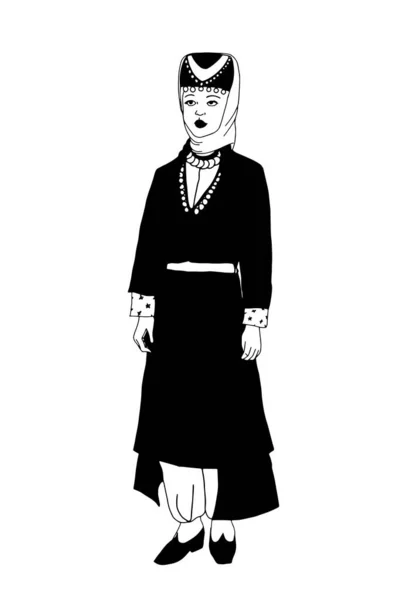 Mujer Tradicional Pie Con Cultura Turca Ropa Ilustración Negro Blanco — Foto de Stock