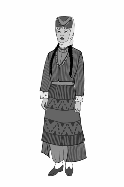 Tradiční Žena Stojící Nošení Turkyně Kultura Oblečení Ilustrace Šedé Barvy — Stock fotografie
