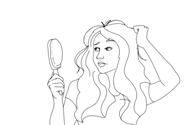 Woman Half Body Combing Unhealthy Hair Illustraion Single Line — Stock Photo, Image