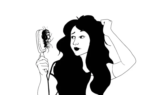 Kobieta Pół Ciała Czesanie Niezdrowe Włosy Ilustracja Czarny Biały Kolory — Zdjęcie stockowe