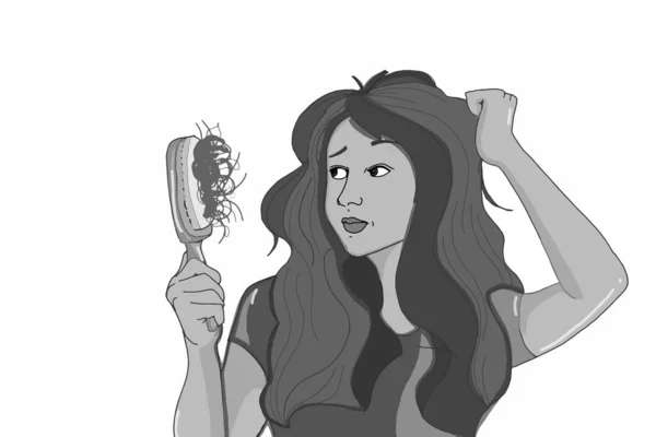 Woman Half Body Combing Unhealthy Hair Illustraion Gray Colors — Stock Photo, Image