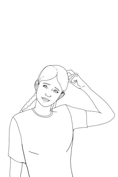 Cartoon Girl Half Body Thinking White Background Line Art — Stock Photo, Image