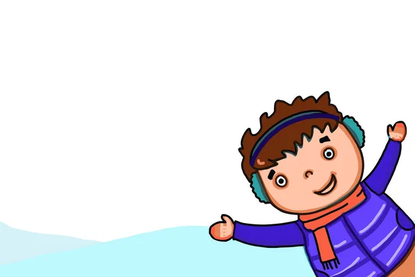 Bonito Cartoon Menino Criança Vestindo Roupas Inverno Sorrindo White Backgound — Fotografia de Stock
