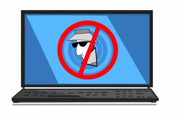 间谍黑客小偷图标在笔记本电脑屏幕卡通片 — 图库照片