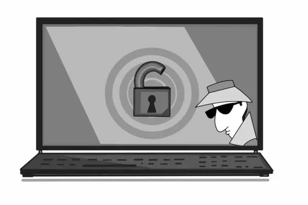 解锁安全性 笔记本电脑显示屏上的间谍小偷 灰色绘图 — 图库照片