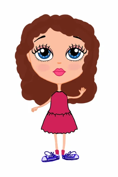 Cute Sweet Cartoon Girl Standing Brown Hair Characters Illustration Drawing — Stock Photo, Image