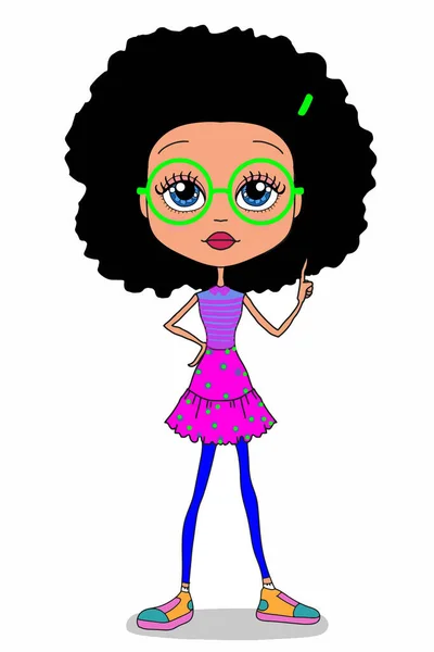 Cool Roztomilý Dívka Černé Kudrnaté Vlasy Nosí Brýle Znaky Stojící — Stock fotografie