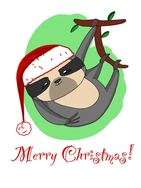 Merry Christmas Card Greeting Card Cute Sloth Santa Claus Hat — Stock Fotó