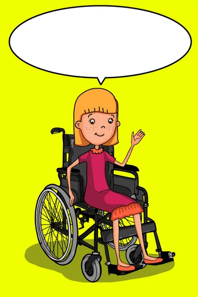 Рисунок Инвалидной Коляски Сидящих Симпатичных Персонажей Мультфильма Девушка Речевой Пузырь — стоковое фото